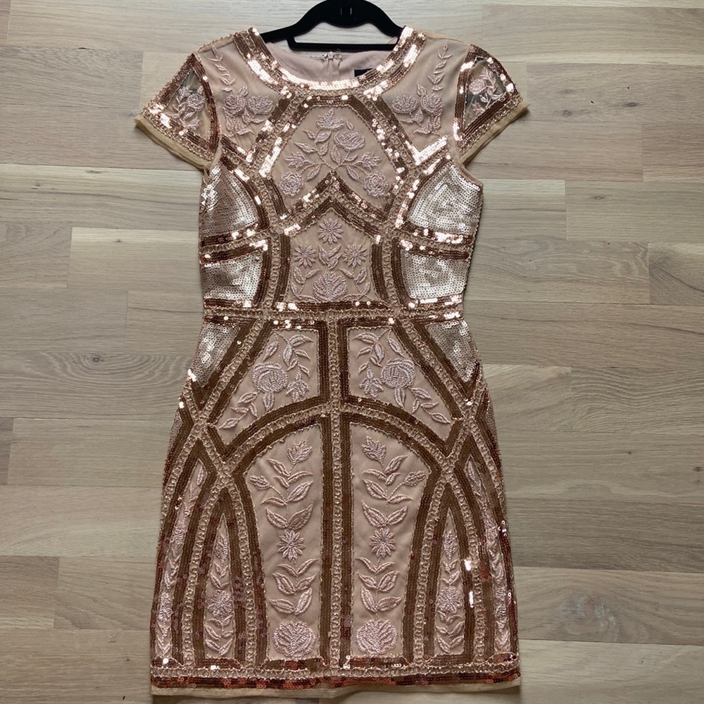 Lulus Spread Your Shine Rose Gold Sequin Embroidered Dress, Size Small